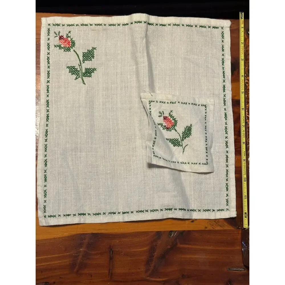 Vintage Rose‎  linen set, placemats,  napkins, coasters, embroidered linen